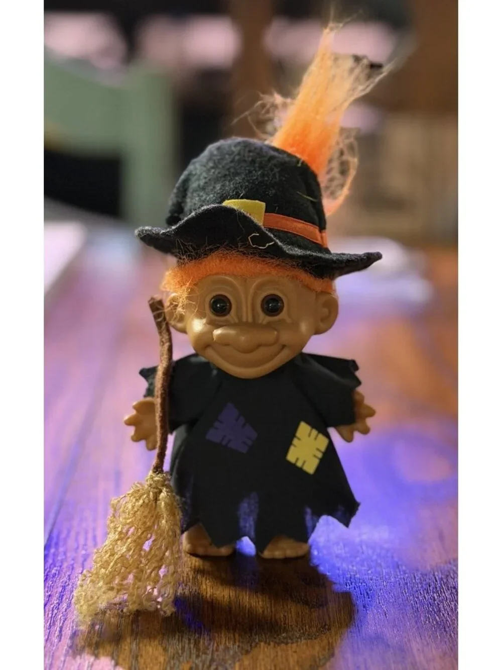 Vintage Troll Doll Russ Witch Orange Hair Halloween With Broomstick 6 Inches
